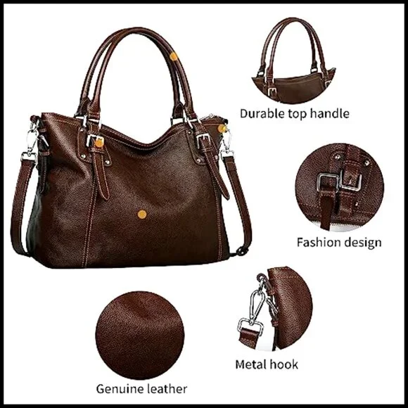 Genuine Leather Tote Shoulder Bag with Adjustable Strap, Medium Size - Picture 6 of 7